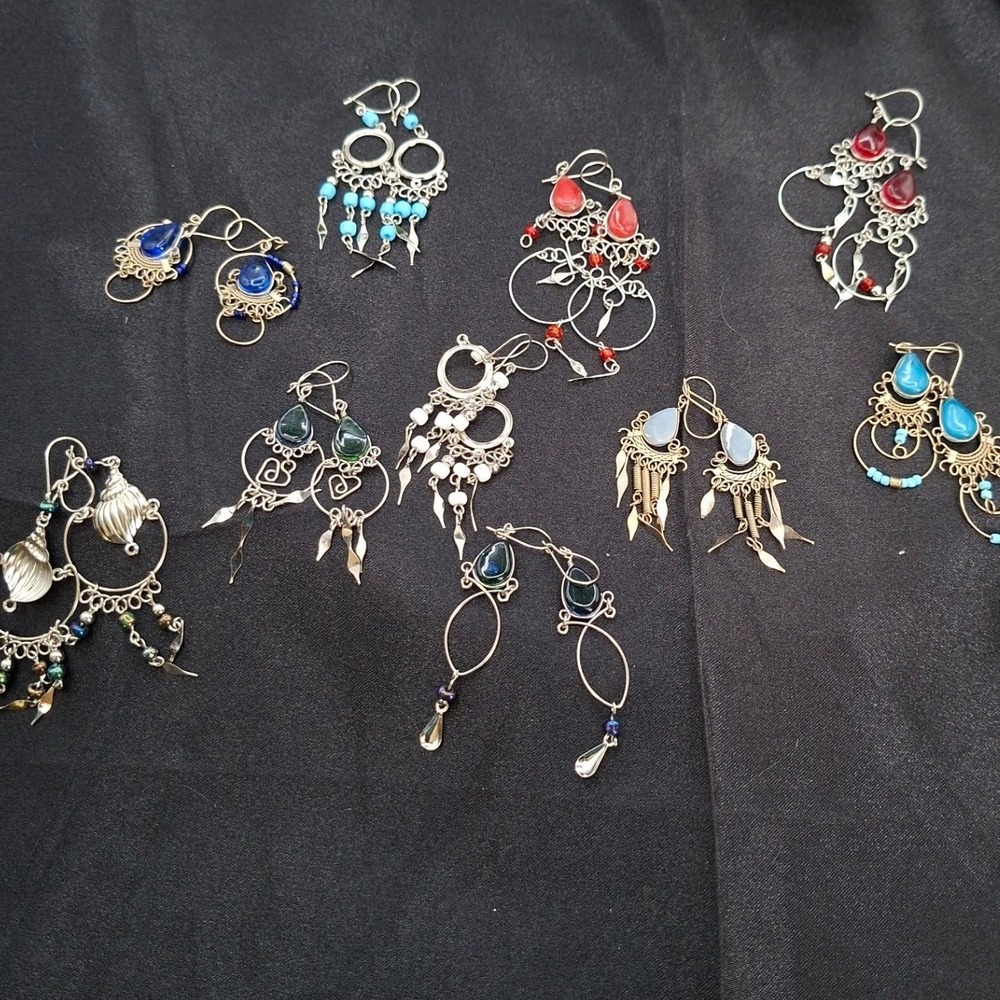 10 Pair Boho Dangle Earring Lot Silver Tone Chandelier Beaded Shell Teardrop Mix